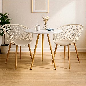 Mesa Redonda Tripé 70cm Branca com 2 Cadeiras Clarice Nude