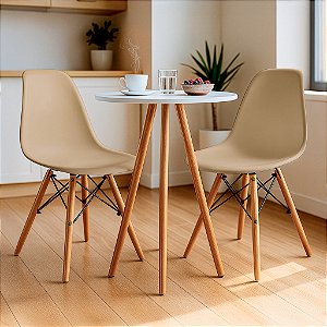 Mesa Redonda Tripé 70cm Branca com 2 Cadeiras Eiffel Nude
