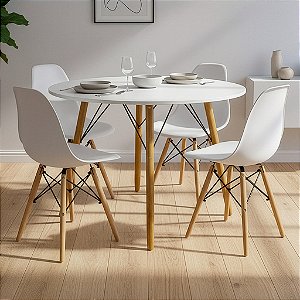 Mesa de Jantar Redonda Eiffel 120cm Branca com 4 Cadeiras Eames Branca