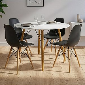 Mesa de Jantar Redonda Eiffel 120cm Branca com 4 Cadeiras Eames Preto