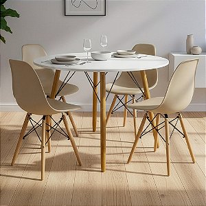 Mesa de Jantar Redonda Eiffel 120cm Branca com 4 Cadeiras Eames Nude