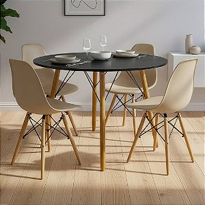 Mesa de Jantar Redonda Eiffel 120cm Preta com 4 Cadeiras Eames Nude
