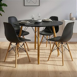 Mesa de Jantar Redonda Eiffel 100cm Preta com 4 Cadeiras Eames Pretas