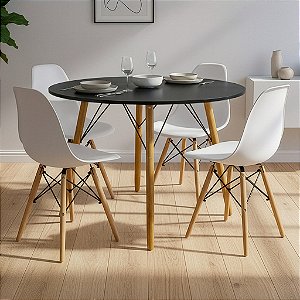 Mesa de Jantar Redonda Eiffel 100cm Preta com 4 Cadeiras Eames Brancas