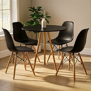 Mesa Tripé Redonda 80cm Preta com 4 Cadeiras Eiffel Pretas