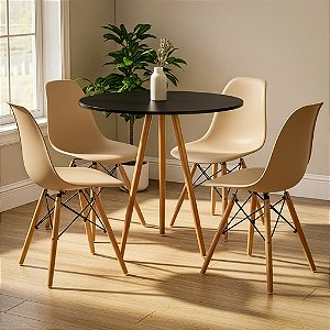 Mesa Tripé Redonda 80cm Preta com 4 Cadeiras Eiffel Nude