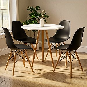 Mesa Tripé Redonda 80cm Branca com 4 Cadeiras Eiffel Pretas