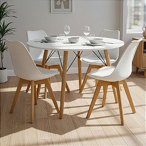Mesa de Jantar Redonda Eiffel 120cm Branca com 4 Cadeiras Siena Brancas