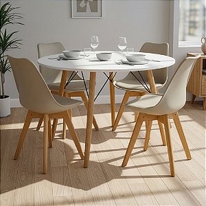 Mesa de Jantar Redonda Eiffel 120cm Branca com 4 Cadeiras Siena Nude