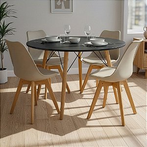 Mesa de Jantar Redonda Eiffel 120cm Preta com 4 Cadeiras Siena Nude