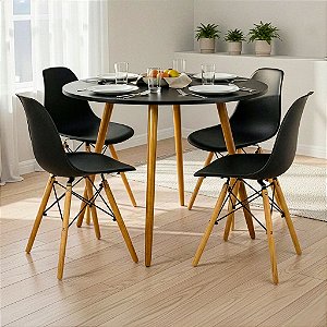 Mesa de Jantar Redonda Sofia 100cm Preta com 4 Cadeiras Eames Pretas