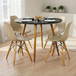 Mesa de Jantar Redonda Sofia 100cm Preta com 4 Cadeiras Eames Nude