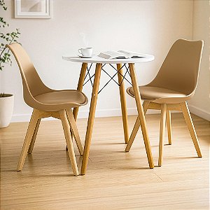 Mesa Redonda Eiffel 60cm Branca com 2 Cadeiras Siena Nude