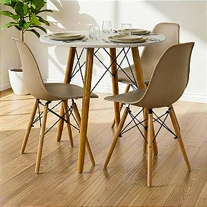 Mesa Redonda Eiffel 70cm Branca com 3 Cadeiras Eiffel Nude