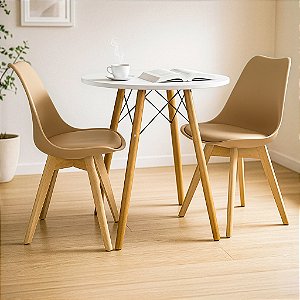 Mesa Redonda Eiffel 70cm Branca com 2 Cadeiras Siena Nude