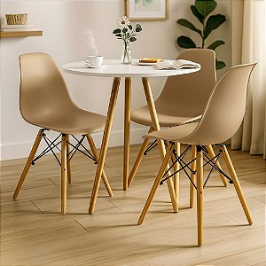 Mesa Redonda Tripé 70cm Branca com 3 Cadeiras Eiffel Nude