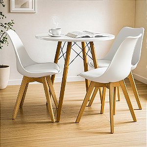 Mesa Redonda Eiffel 80cm Branca com 3 Cadeiras Siena Branca