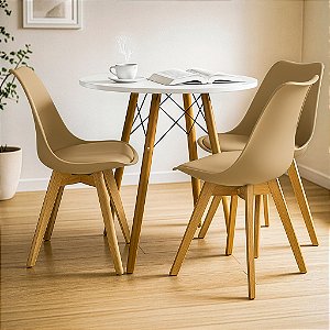 Mesa Redonda Eiffel 80cm Branca com 3 Cadeiras Siena Nude