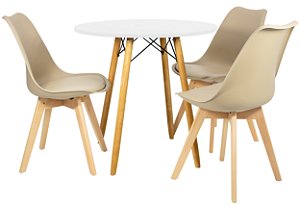 Mesa Redonda Eiffel 80cm Branca com 3 Cadeiras Siena Nude