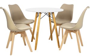 Mesa Redonda Eiffel 80cm Branca com 4 Cadeiras Siena Nude