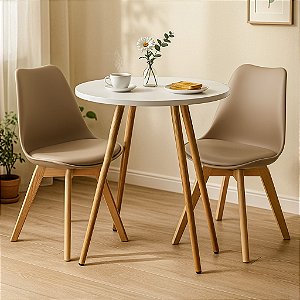 Mesa Redonda Sofia 80cm Branca com 2 Cadeiras Siena Nude