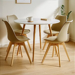 Mesa Redonda Sofia 80cm Branca com 4 Cadeiras Siena Nude