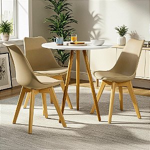 Mesa Redonda Tripé 80cm Branca com 3 Cadeiras Siena Nude