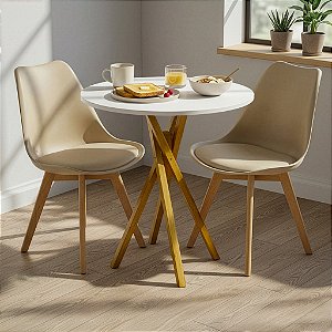 Mesa Redonda Bistrô 80cm Branca com 2 Cadeiras Siena Nude