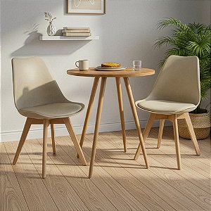 Mesa Redonda Sofia 60cm Louro Freijó com 2 Cadeiras Siena Nude