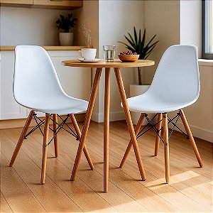 Mesa Redonda Tripé 60cm Louro Freijó com 2 Cadeiras Eiffel Branca
