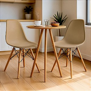 Mesa Redonda Tripé 60cm Louro Freijó com 2 Cadeiras Eiffel Nude