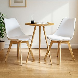 Mesa Redonda Tripé 60cm Louro Freijó com 2 Cadeiras Siena Branca