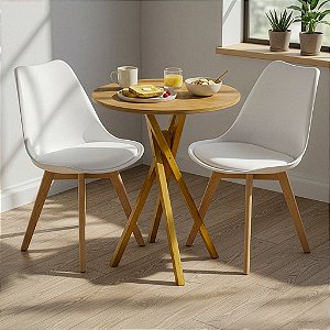 Mesa Redonda Bistrô 60cm Louro Freijó com 2 Cadeiras Siena Branca