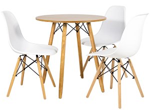 Mesa Redonda Eiffel 70cm Louro Freijó com 3 Cadeiras Eiffel Branca