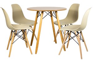 Mesa Redonda Eiffel 70cm Louro Freijó com 4 Cadeiras Eiffel Nude