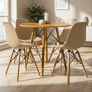 Mesa Redonda Eiffel 70cm Louro Freijó com 4 Cadeiras Eiffel Nude