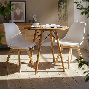 Mesa Redonda Eiffel 70cm Louro Freijó com 2 Cadeiras Siena Branca