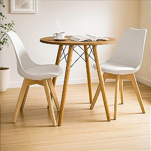 Mesa Redonda Eiffel 70cm Louro Freijó com 2 Cadeiras Siena Branca