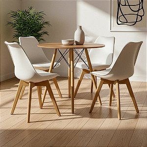 Mesa Redonda Eiffel 70cm Louro Freijó com 4 Cadeiras Siena Branca