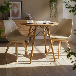 Mesa Redonda Eiffel 70cm Louro Freijó com 2 Cadeiras Siena Nude