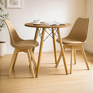 Mesa Redonda Eiffel 70cm Louro Freijó com 2 Cadeiras Siena Nude