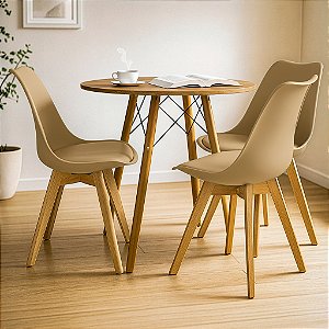 Mesa Redonda Eiffel 70cm Louro Freijó com 3 Cadeiras Siena Nude