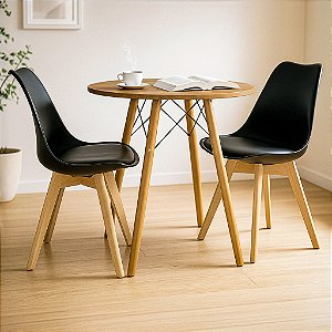 Mesa Redonda Eiffel 70cm Louro Freijó com 2 Cadeiras Siena Preta
