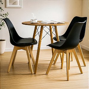 Mesa Redonda Eiffel 70cm Louro Freijó com 3 Cadeiras Siena Preta