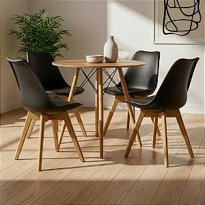Mesa Redonda Eiffel 70cm Louro Freijó com 4 Cadeiras Siena Preta