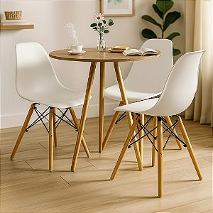 Mesa Redonda Tripé 70cm Louro Freijó com 3 Cadeiras Eiffel Branca