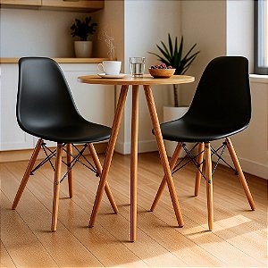 Mesa Redonda Tripé 70cm Louro Freijó com 2 Cadeiras Eiffel Preta