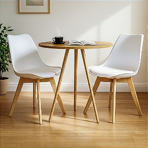Mesa Redonda Tripé 70cm Louro Freijó com 2 Cadeiras Siena Branca