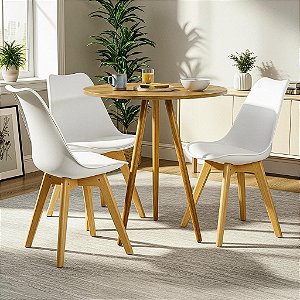 Mesa Redonda Tripé 70cm Louro Freijó com 3 Cadeiras Siena Branca