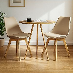 Mesa Redonda Tripé 70cm Louro Freijó com 2 Cadeiras Siena Nude